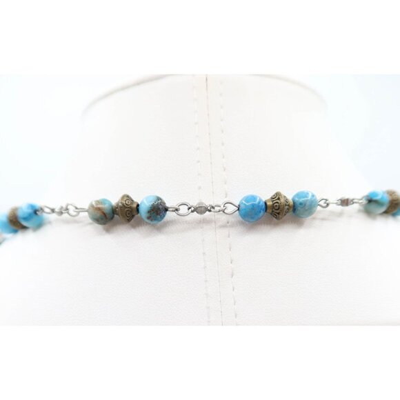 Flying Owl Silver Tone Beaded Pendant Necklace Faux Turquoise Station Boho - Picture 5 of 7